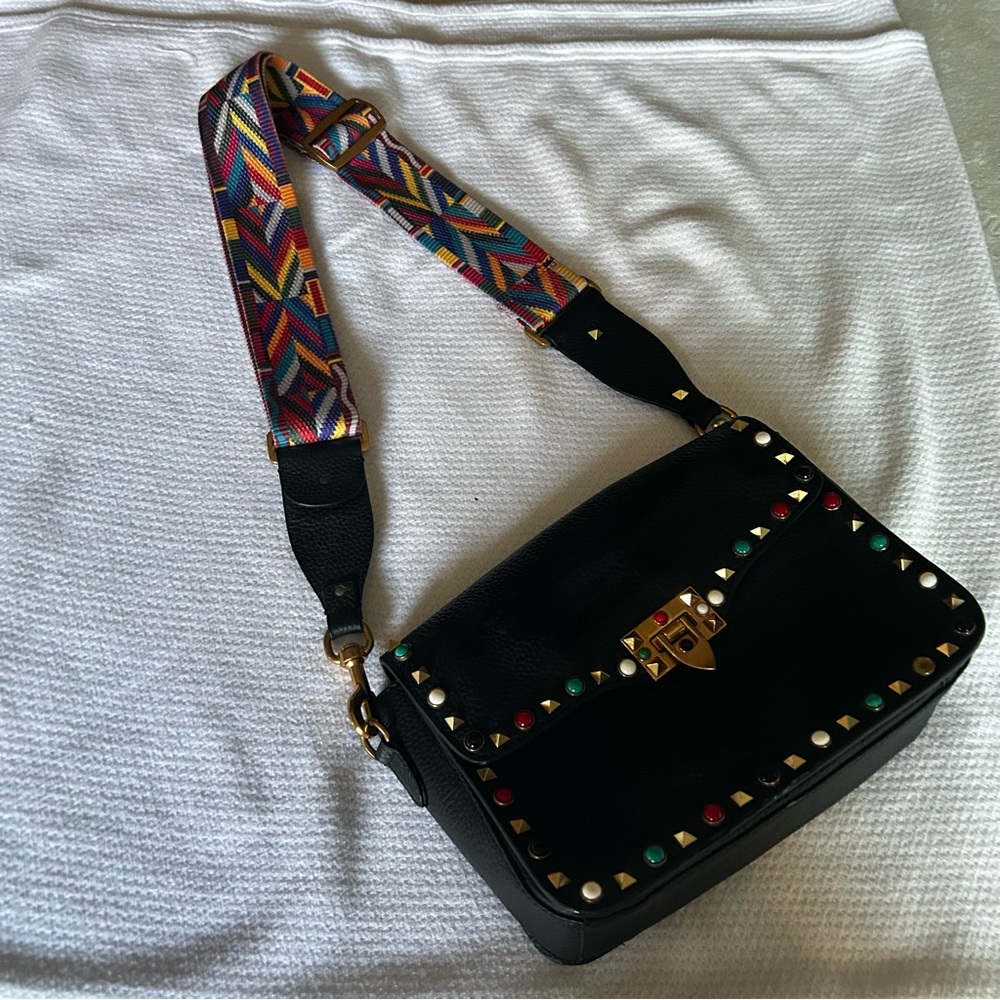 Black Studded Women's Bag with Colorful Strap
